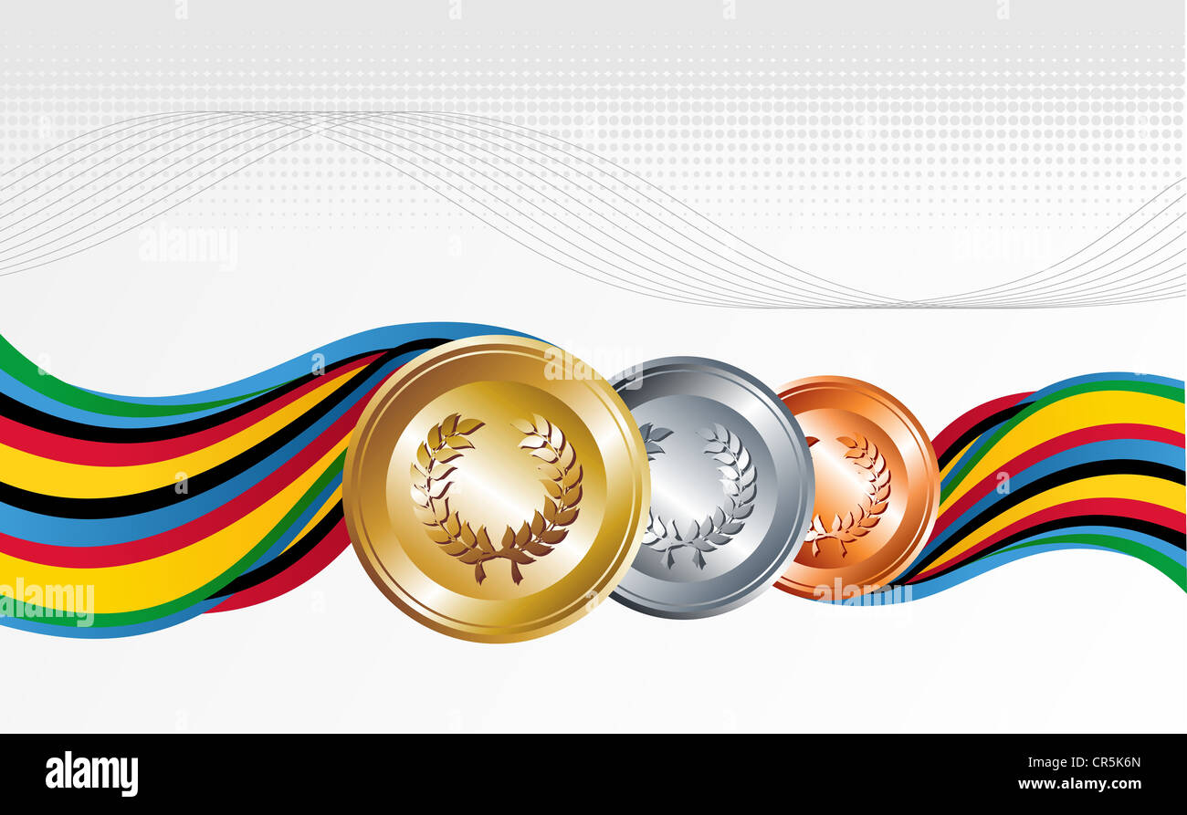 Sport gold, silver and bronze medal with ribbons background. Vector