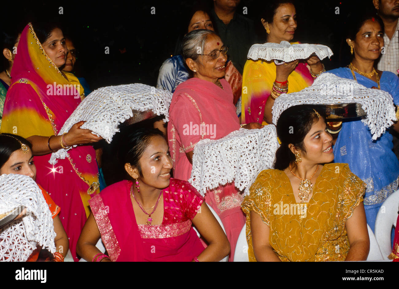 Family members offering presents during a wedding ceremony, Udaipur, Rajasthan, India, Asia Stock Photo