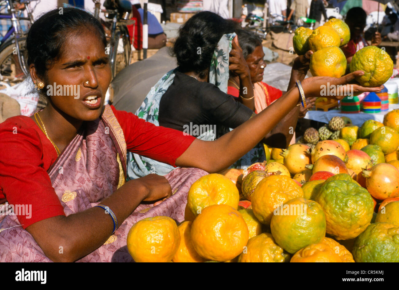 Women selling oranges in the streets of Mysore, Karnataka, India, Asia Stock Photo