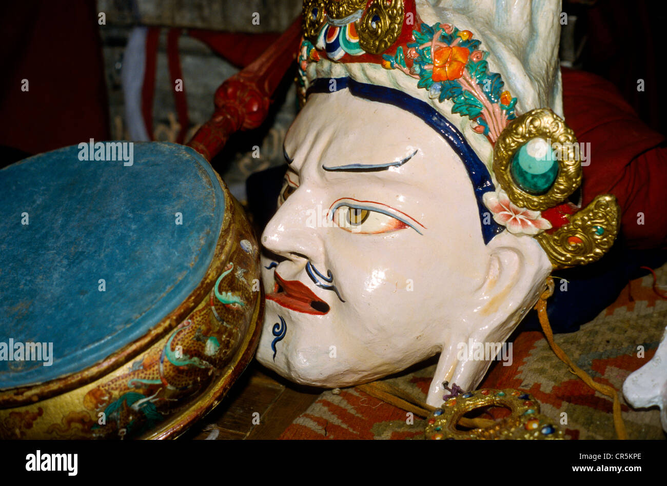 Mask for ritual dances in Buddhist monasteries, Thiksey, Jammu and Kashmir, India, Asia Stock Photo