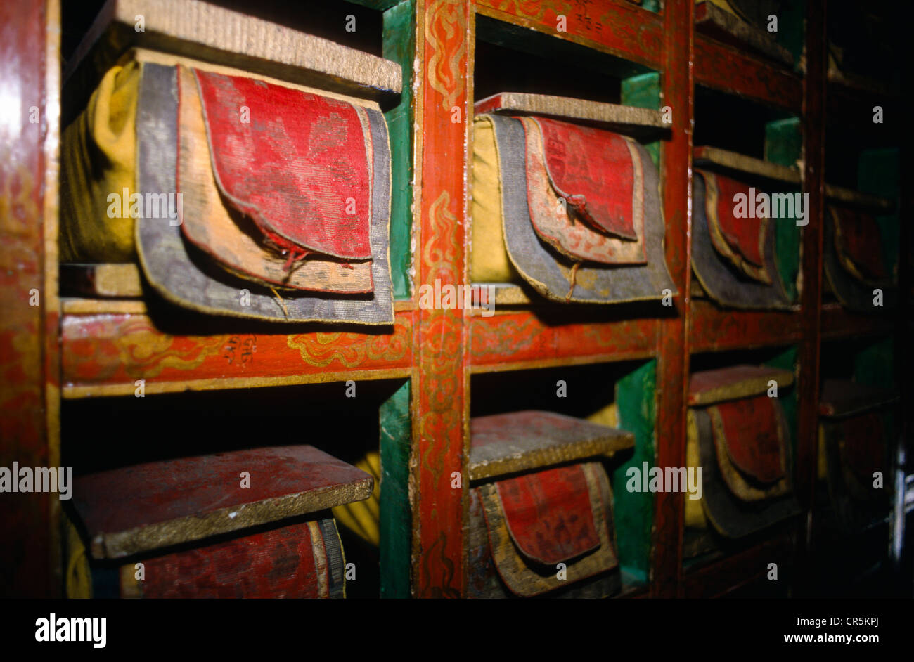 Old Tibetan prayerbooks in the library of Thiksey Gompa, Jammu and Kashmir, India, Asia Stock Photo
