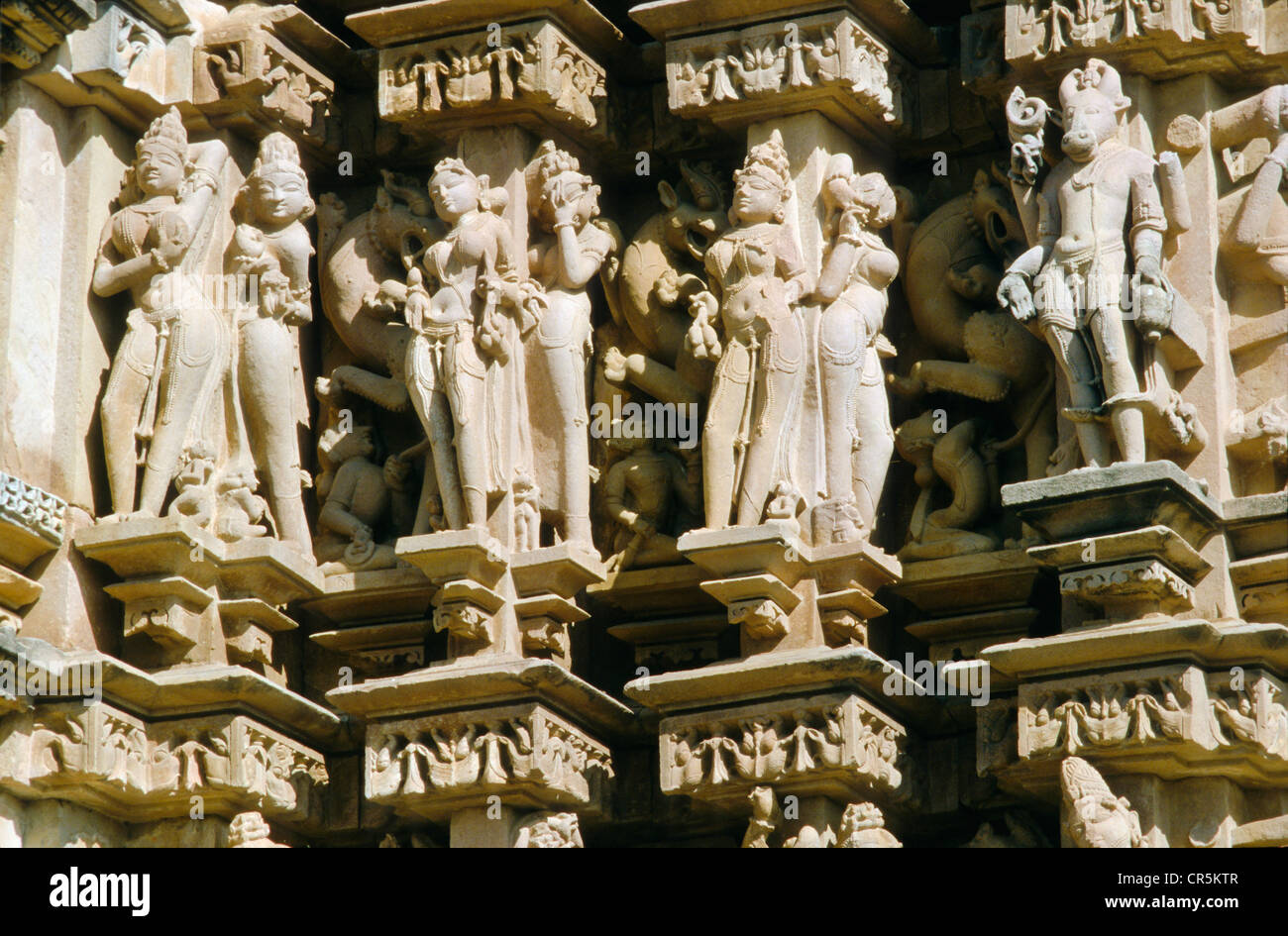 Stone carvings with scenes from Kamasutra, Khajuraho temples, Khajuraho, Madhya Pradesh, India, Asia Stock Photo