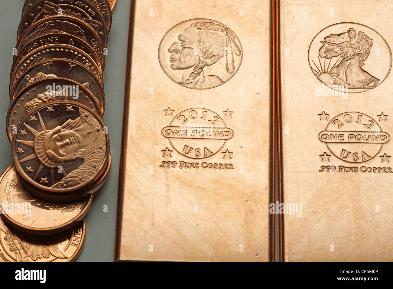 1 oz Copper coins and 1 pound copper bars base metals popular with
