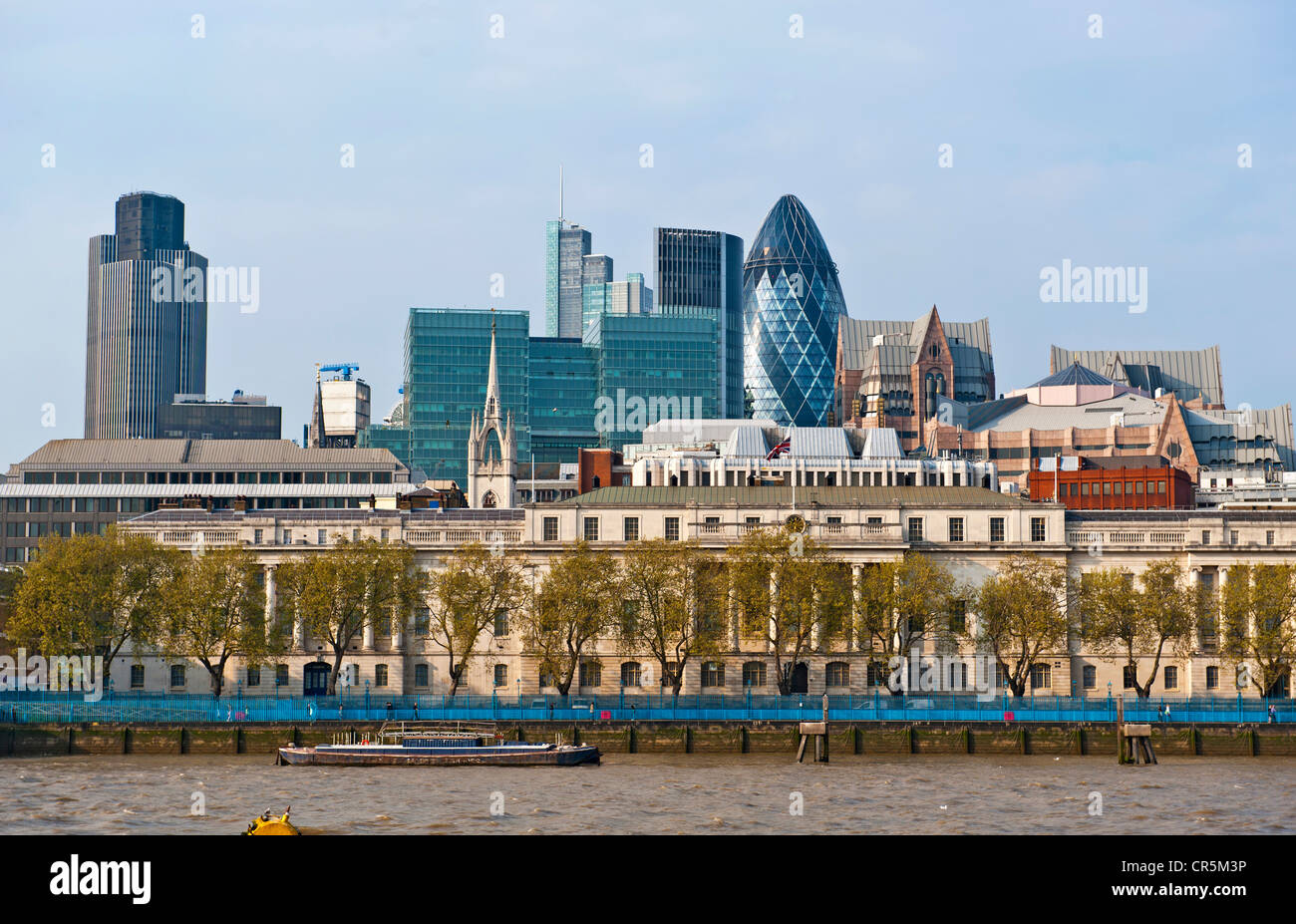 City of London with the office building 30 St. Mary Axe, Swiss-Re Tower or the Gherkin, building designed by architect Sir Stock Photo