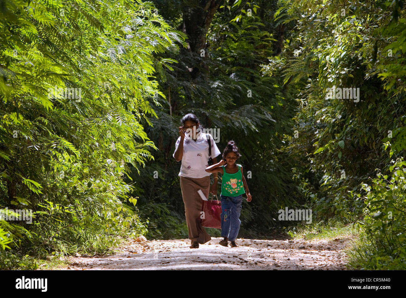 Mother and daughter walk along a forested gravel road, Belihul Oya, Sabaragamuwa, Sri Lanka Stock Photo