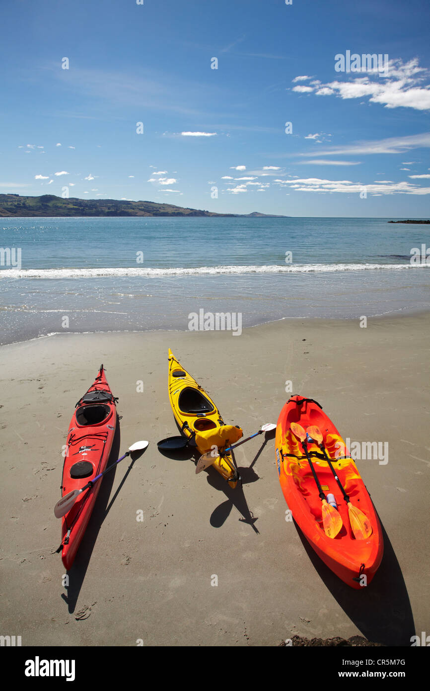 Kayaks on beach by Doctors Point, north of Dunedin, South Island, New Zealand Stock Photo