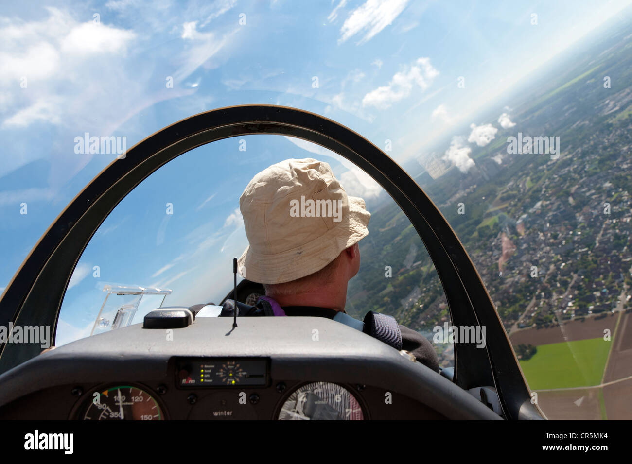 Pilot in a glider making a turn, Grevenbroich, North Rhine-Westphalia, Germany, Europe Stock Photo