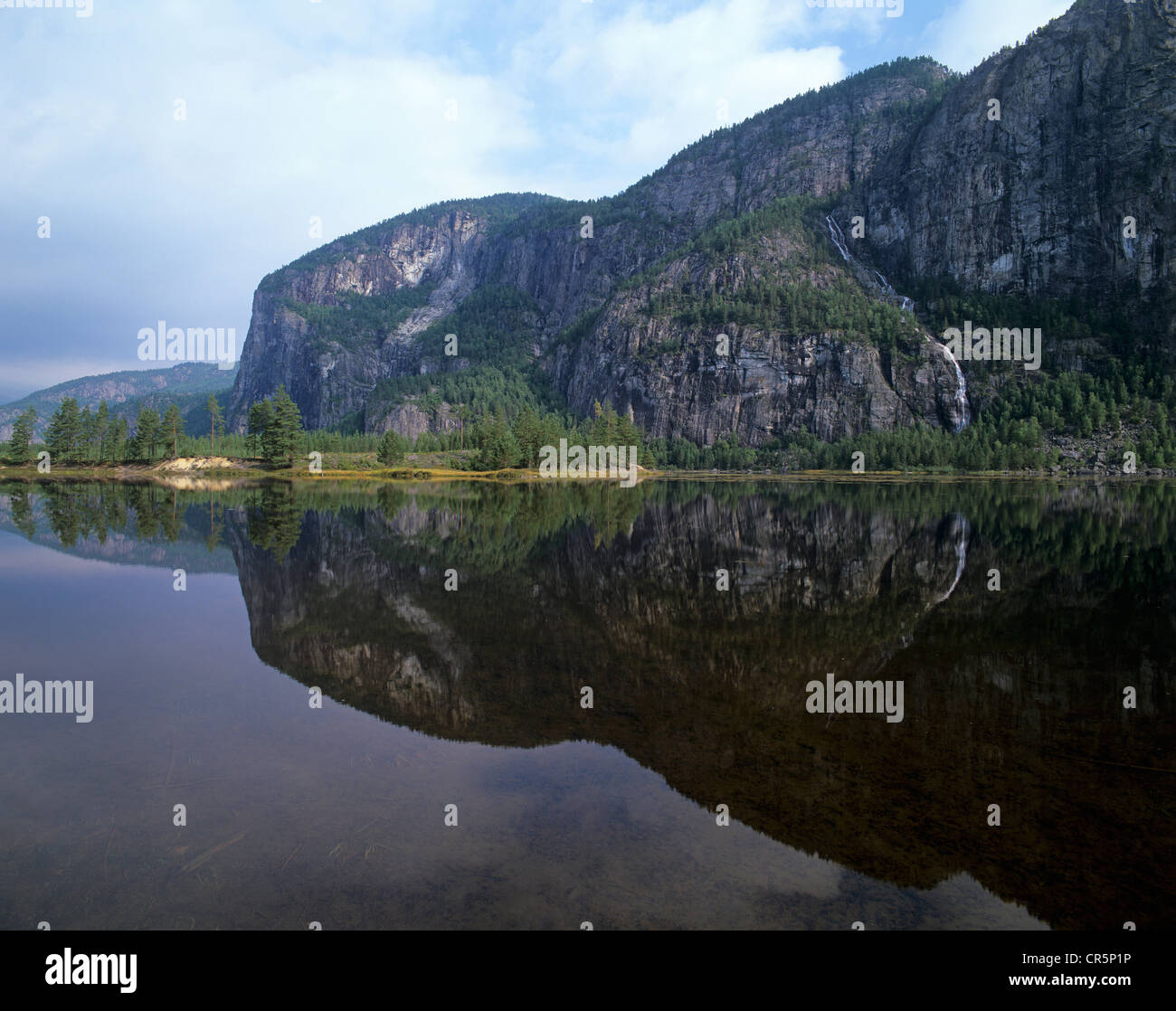 Reflection of mountains in the broad river of Otra, south of Valle, Setesdal valley, Norway, Scandinavia, Europe Stock Photo