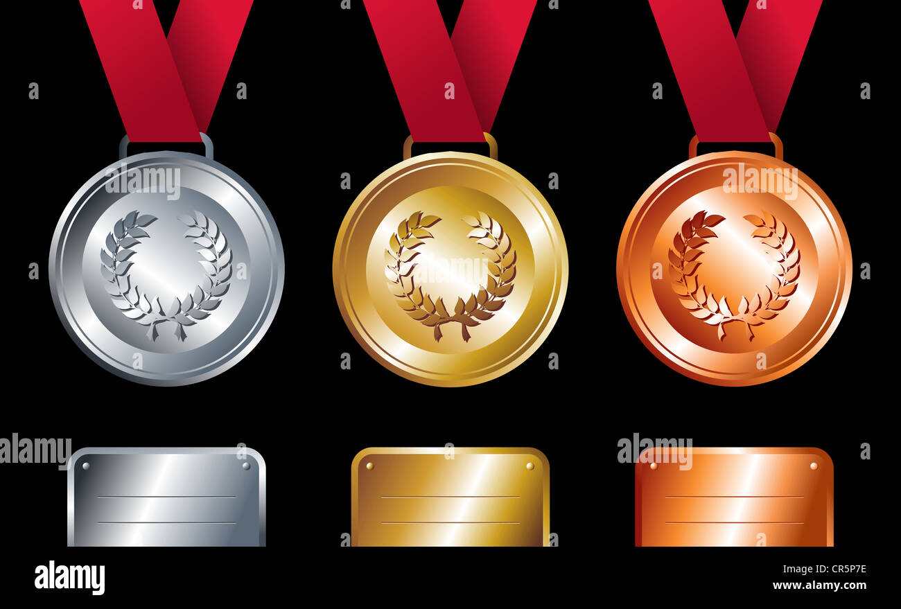 Sport winning positions Gold, silver and bronze medals with ribbon set background. Vector file