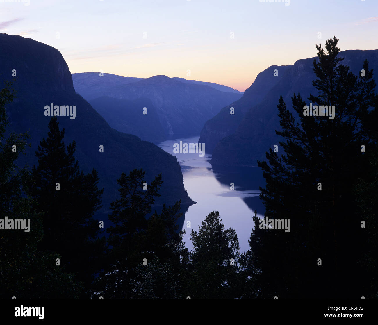 Dusk on Aurlandsfjord, seen from the old pass road above the town of Aurland, Sogn og Fjordane, Norway, Europe Stock Photo