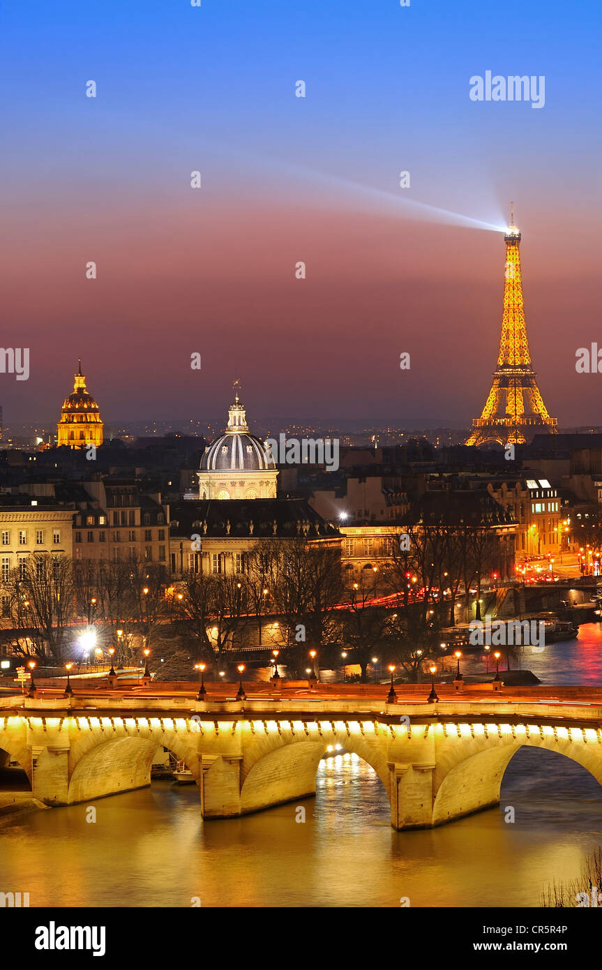 France, Paris, the banks of the Seine river UNESCO World Heritage, the pont Neuf (New bridge) above the Seine river, the domes Stock Photo