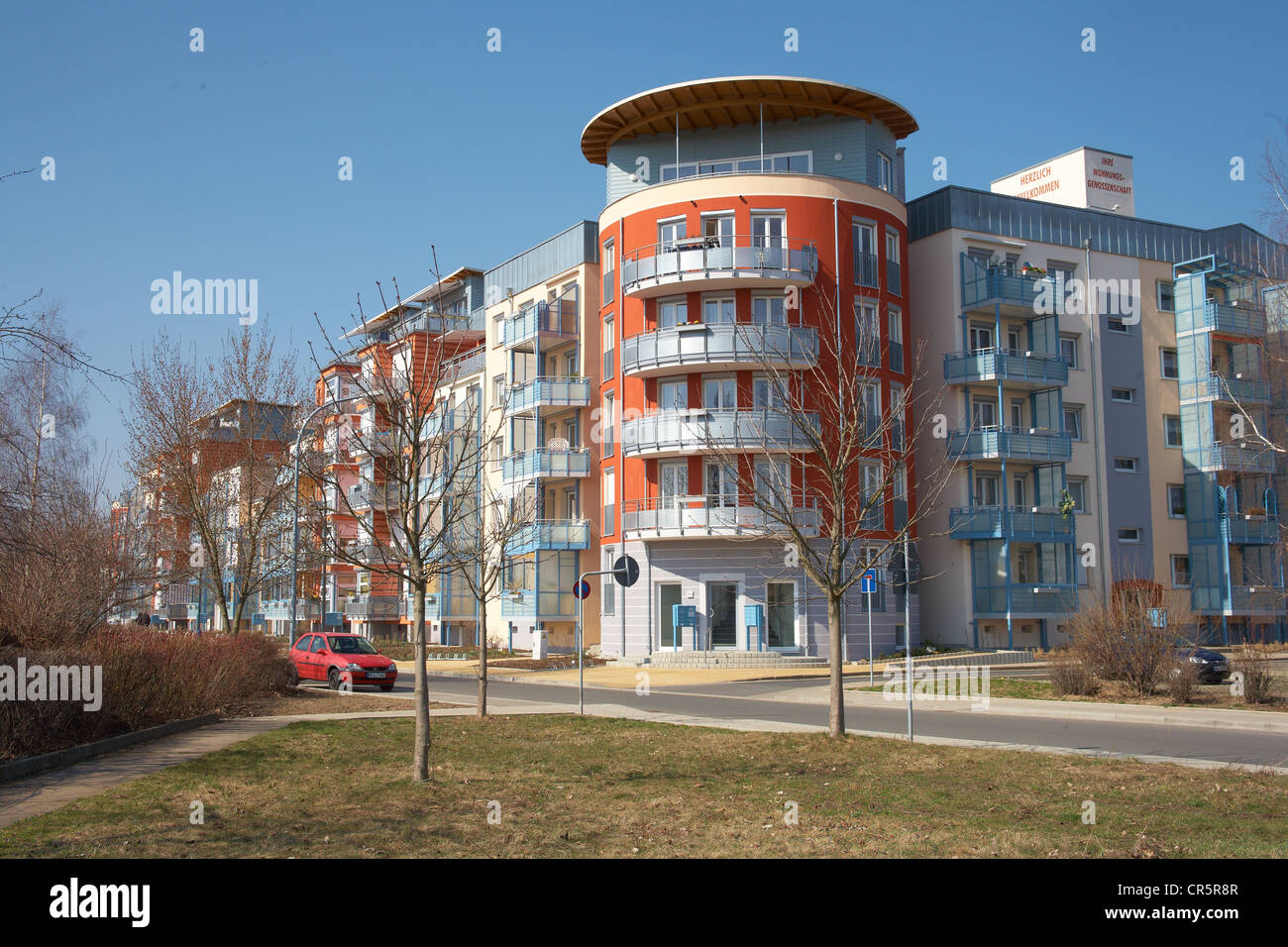 Remodeled and modernized pre-fabricated concrete building, multi-generational house 'WGC Generationen Wohnen', Coswig, Saxony Stock Photo