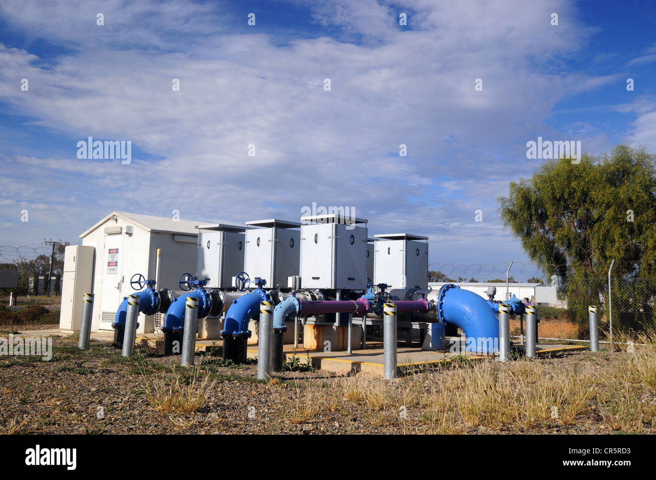 Pumping station with purple pipes containing water recycled from Adelaide's sewage, Virginia, near Adelaide, South Australia Stock Photo