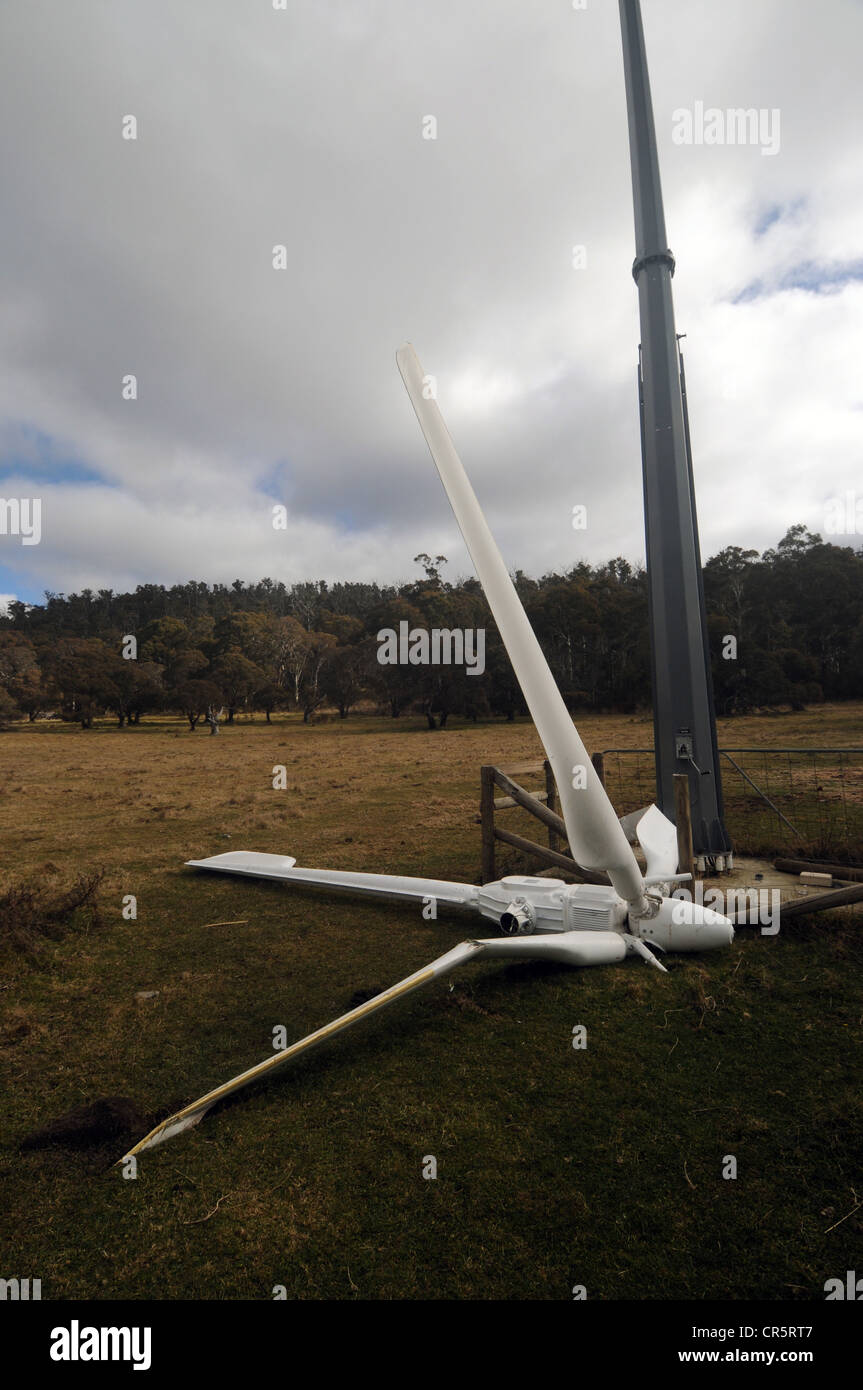 Head of wind turbine on ground with broken blades, NSW, Australia. No PR Stock Photo