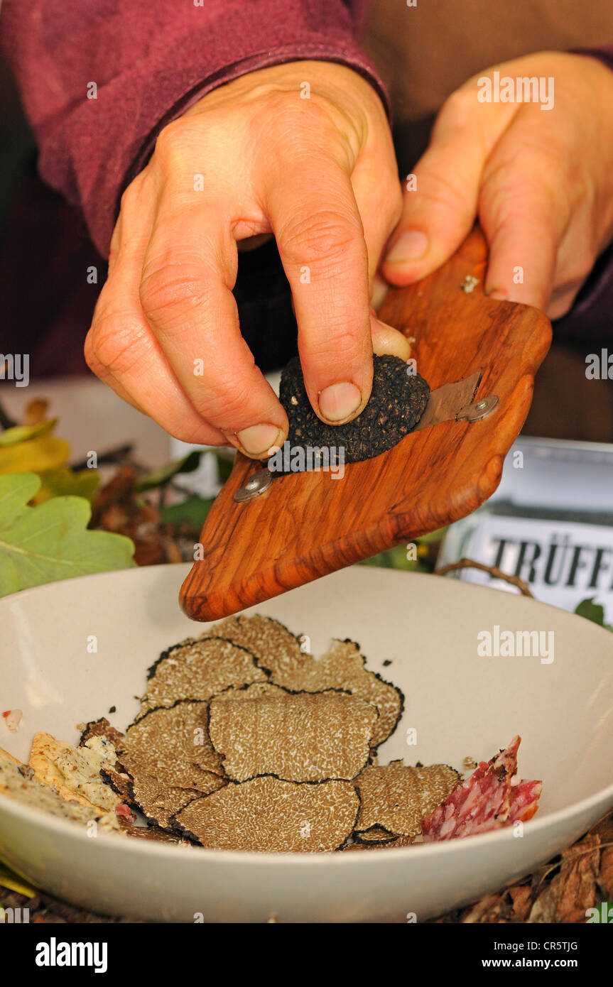 Black truffle being cut into thin slices with a truffle slicer, Switzerland, Europe Stock Photo