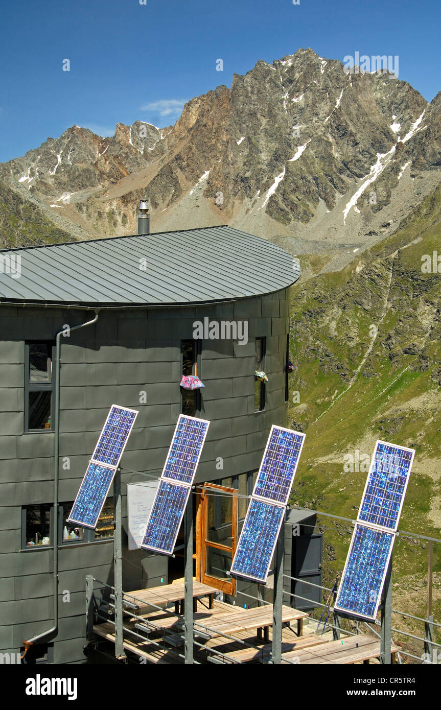 Solar collectors for autonomous energy supply to a mountain hut, Velan Hut, Cabane du Velan, of the Swiss Alpine Club, SAC Stock Photo