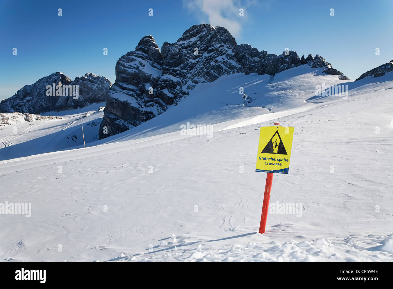 Danger sign, ice crevice on the Dachstein Glacier, Ramsau, Styria, Austria, Europe Stock Photo