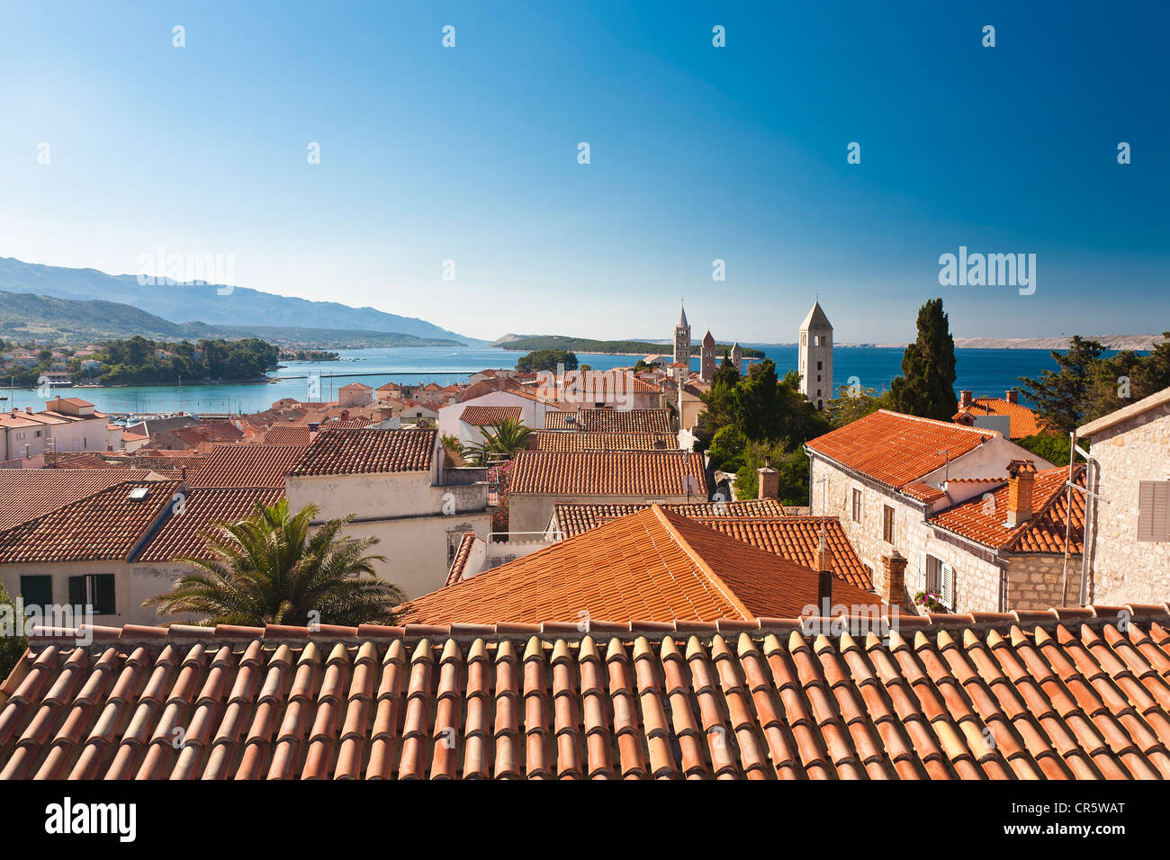 View towards the four bell towers of the town of Rab, Rab Island, Primorje-Gorski Kotar, Croatia, Europe Stock Photo
