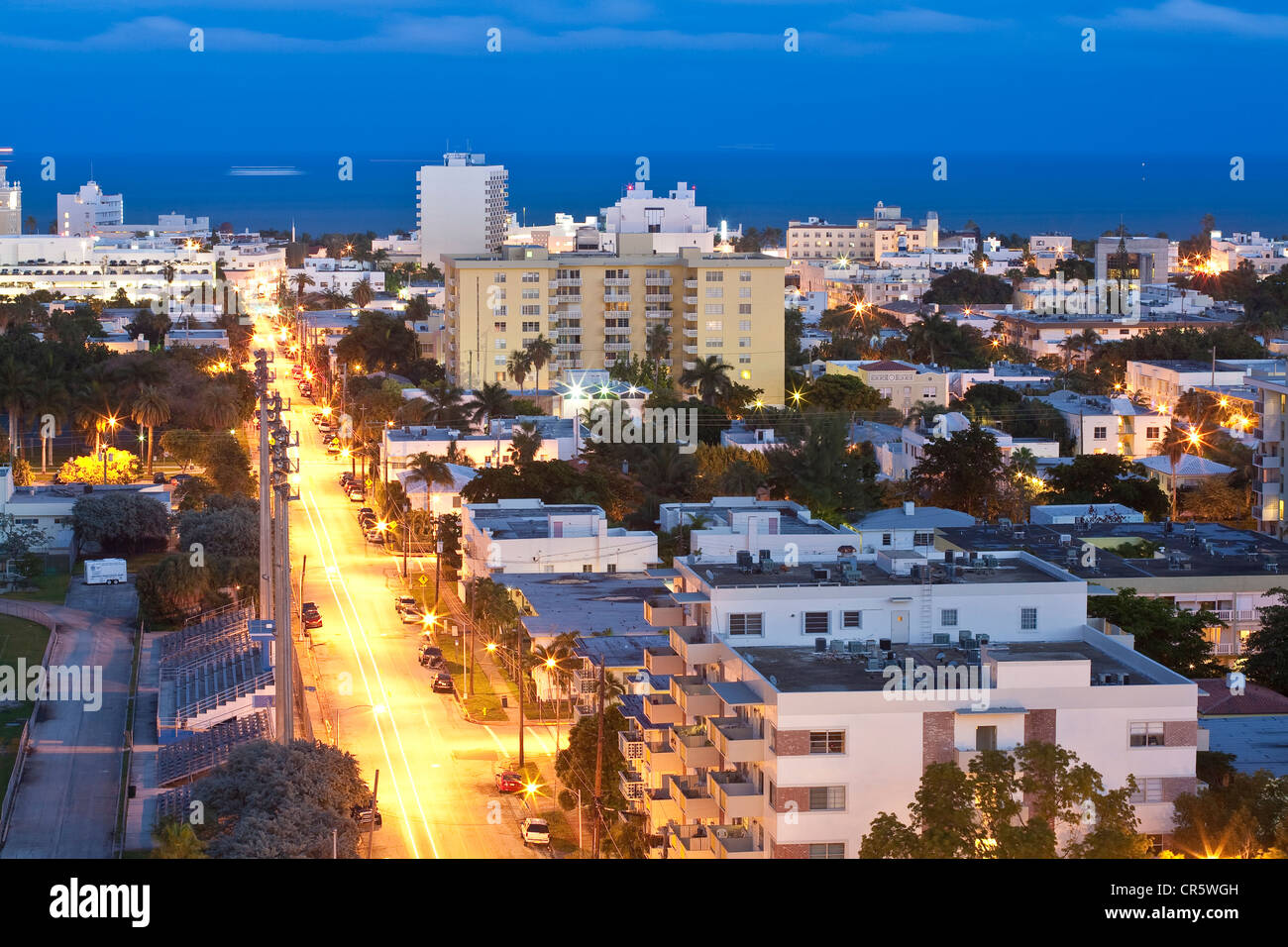 United States, Florida, Miami, view over South Beach and Atlantic Ocean at nightfall Stock Photo