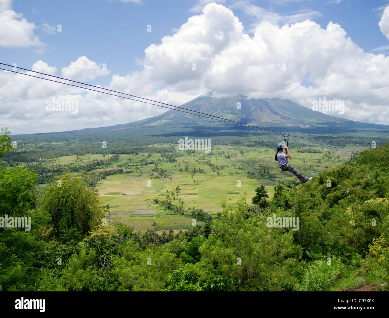 the zip wire at the top of Lignon Hill, Legaspi, Legazpi, Southern Luzon, with Mount Mayon volcano in the background. Stock Photo
