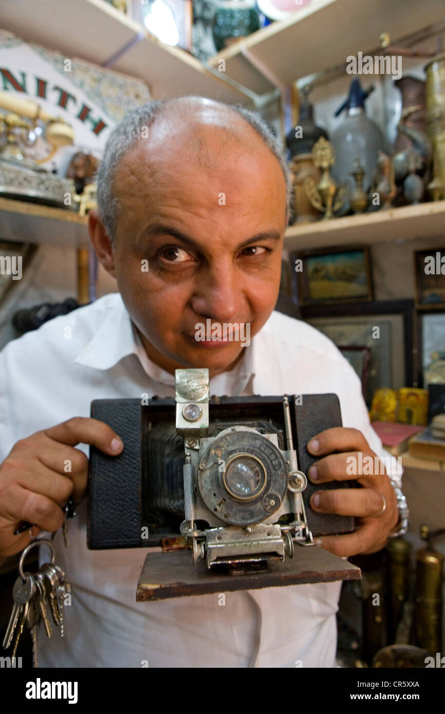 Egypt, City of Cairo, old town, Mr Tharwat Ismail Mahmoud, antiques dealer, Khan Khalili souks Stock Photo