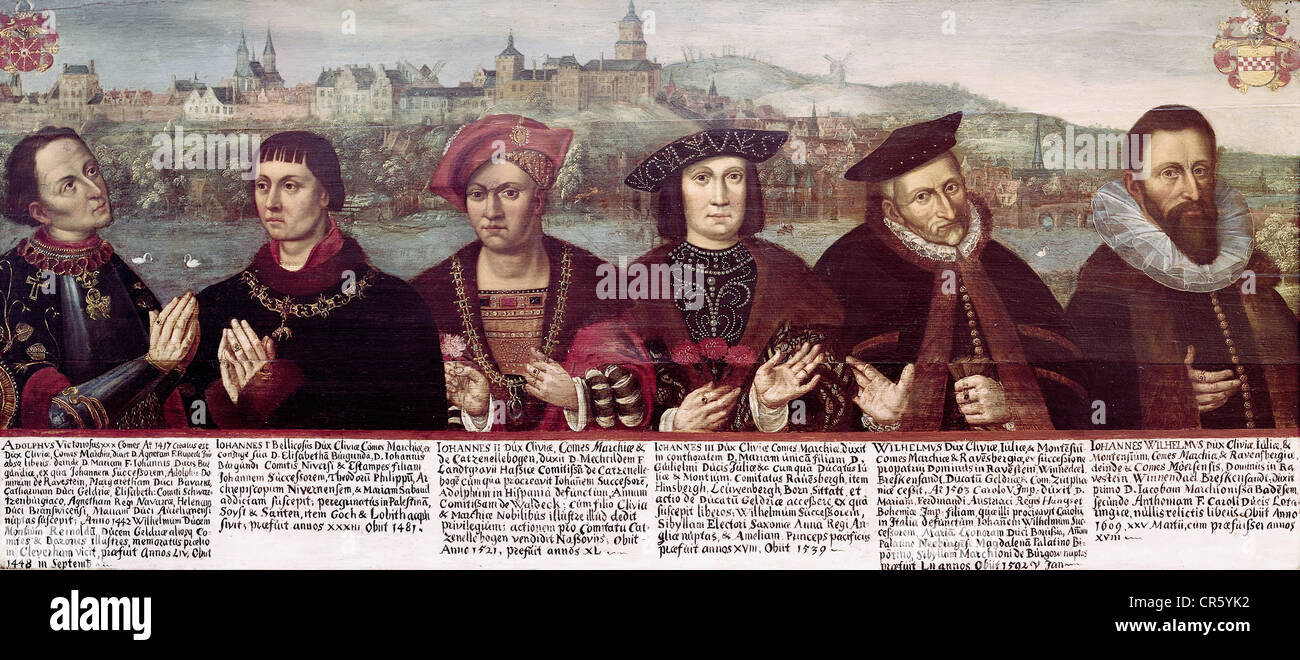 John III, 10.11.1490 - 6.2.1539, Duke of Cleves 1511 - 1539, with predecessor and successor, painting, 17th century, Kleve town hall, Artist's Copyright has not to be cleared Stock Photo