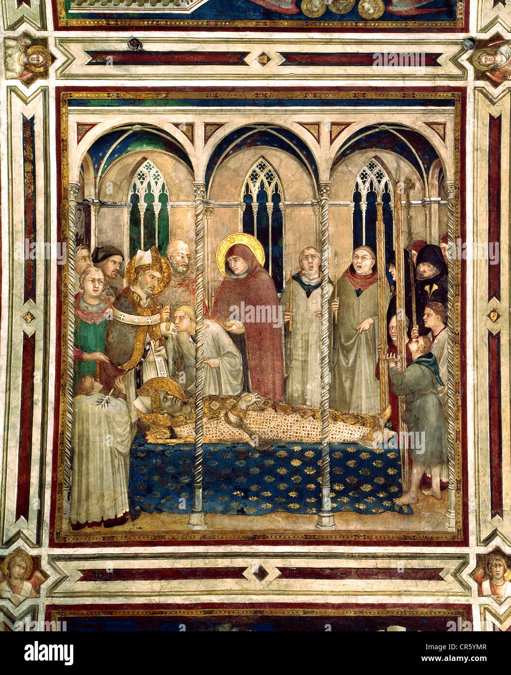 Martin of Tours, circa 316 AD - 8.11.397 AD, saint, his burial, conducted by Saint Ambrose, fresco by Simone Martini, circa 1321, lower church, Chapel of St. Martin, San Francesco Basilica, Assisi, Italy, Stock Photo