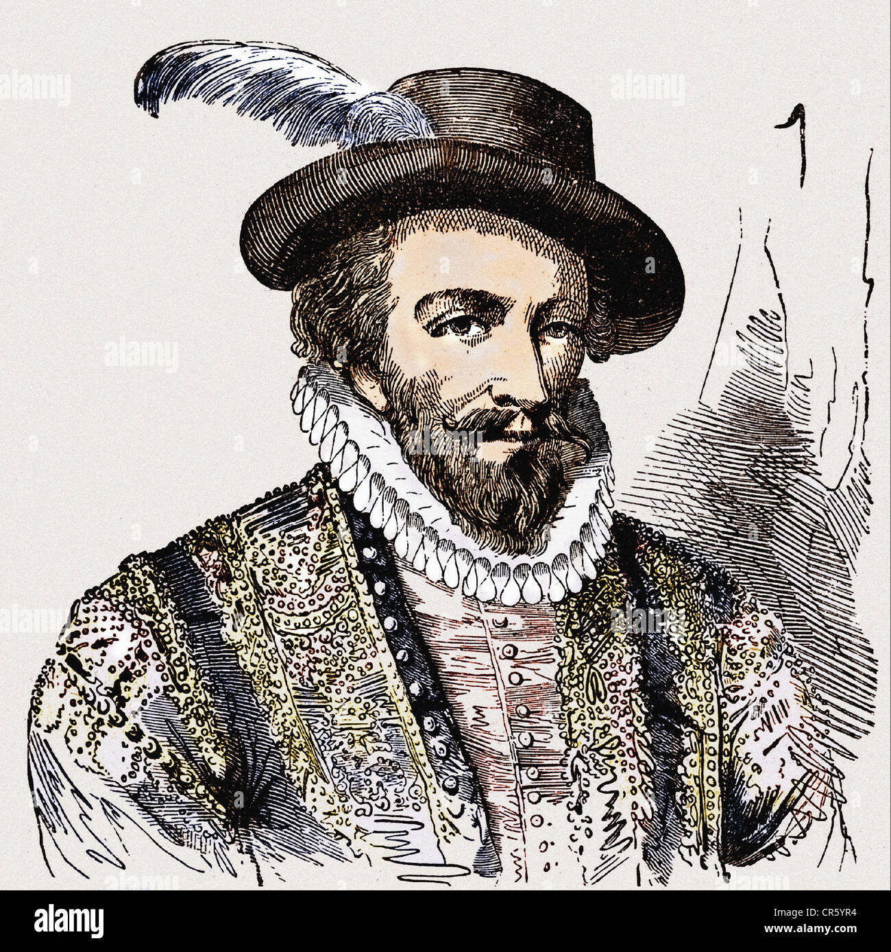 Raleigh, Walter, circa 1554 - 29. 10.1618, English navigator, portrait, wood engraving, 19th century, later coloured, , Stock Photo