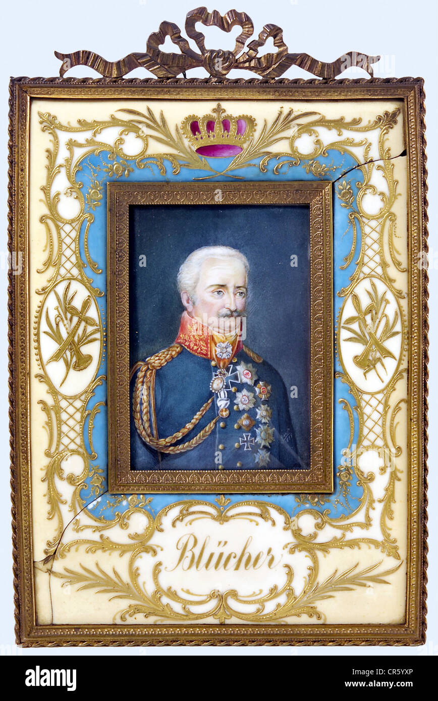 Blücher, Gebhard Leberecht von, 16.12.1742 - 12.9.1819, Prussian general, portrait, ivory, painting, signature of Girault, 1838, porcelain frame by Hutschenreuther, Stock Photo