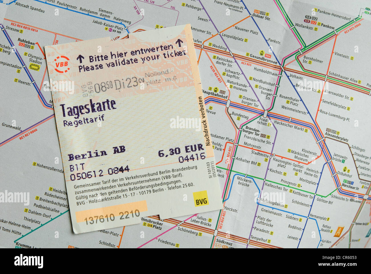 BERLIN, GERMANY. A validated tageskarte (travel card) on a map showing the Berlin U- and S-Bahn public transport system. 2012. Stock Photo