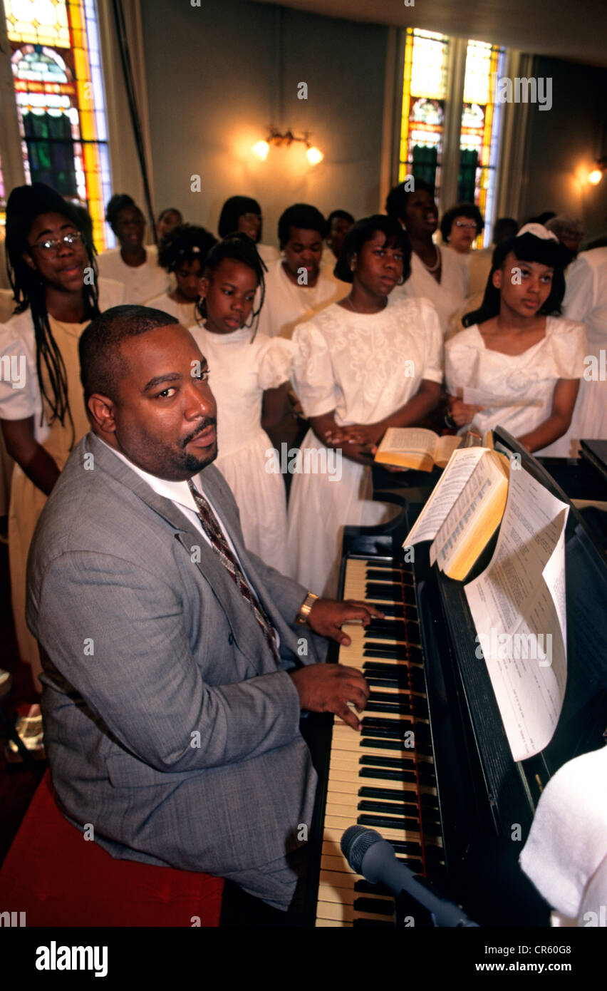 United States, Georgia, Savannah, first African baptist church, pianist and chorus Stock Photo
