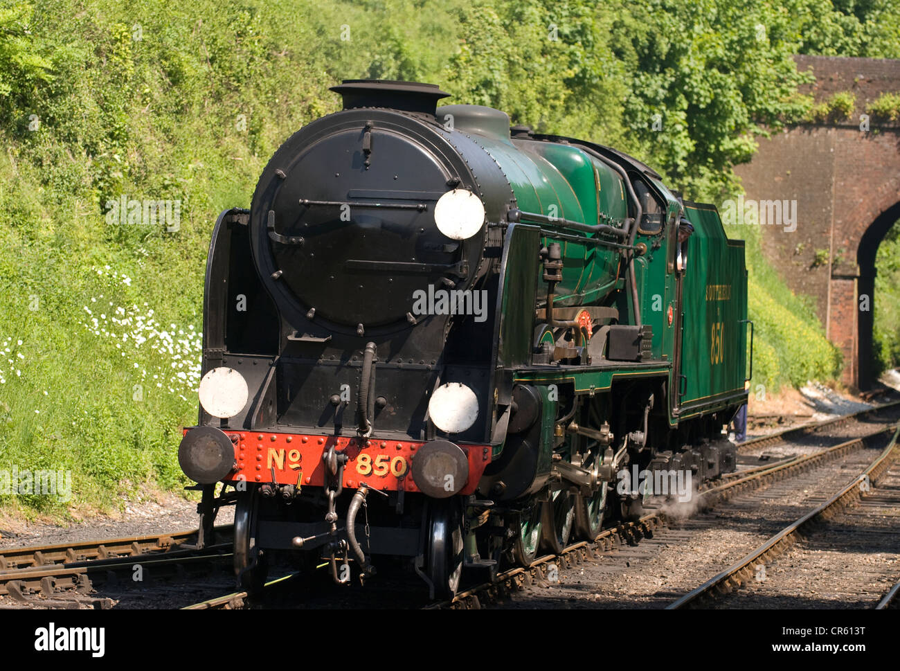 Steam train pulling into Alresford station, Watercress Line, Alresford, Hampshire, UK. Stock Photo