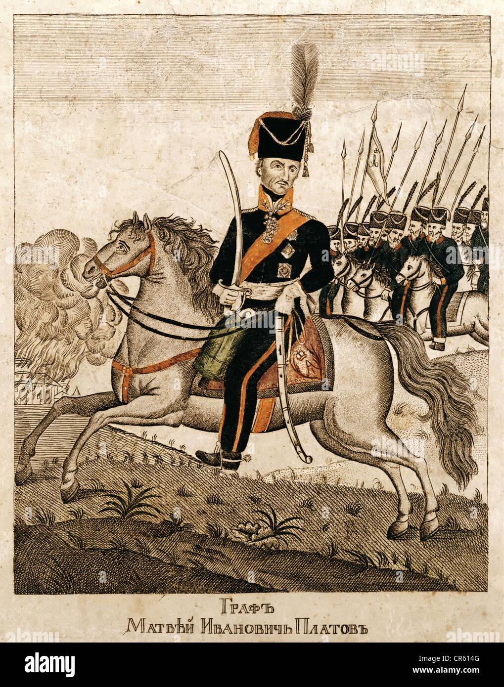 Platov, Matvei Ivanovich, 17.8.1751 - 15.1.1818, Russian general, equestrian half length, lithograph, mid 19th century, State Historical Museum, Moscow, , Stock Photo