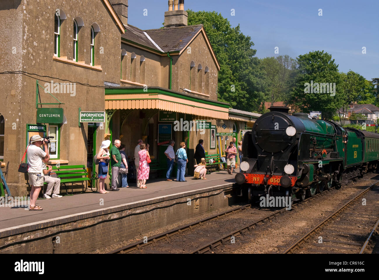 Steam train pulling into Alresford station, Watercress Line, Alresford, near Alton, Hampshire, UK. Stock Photo