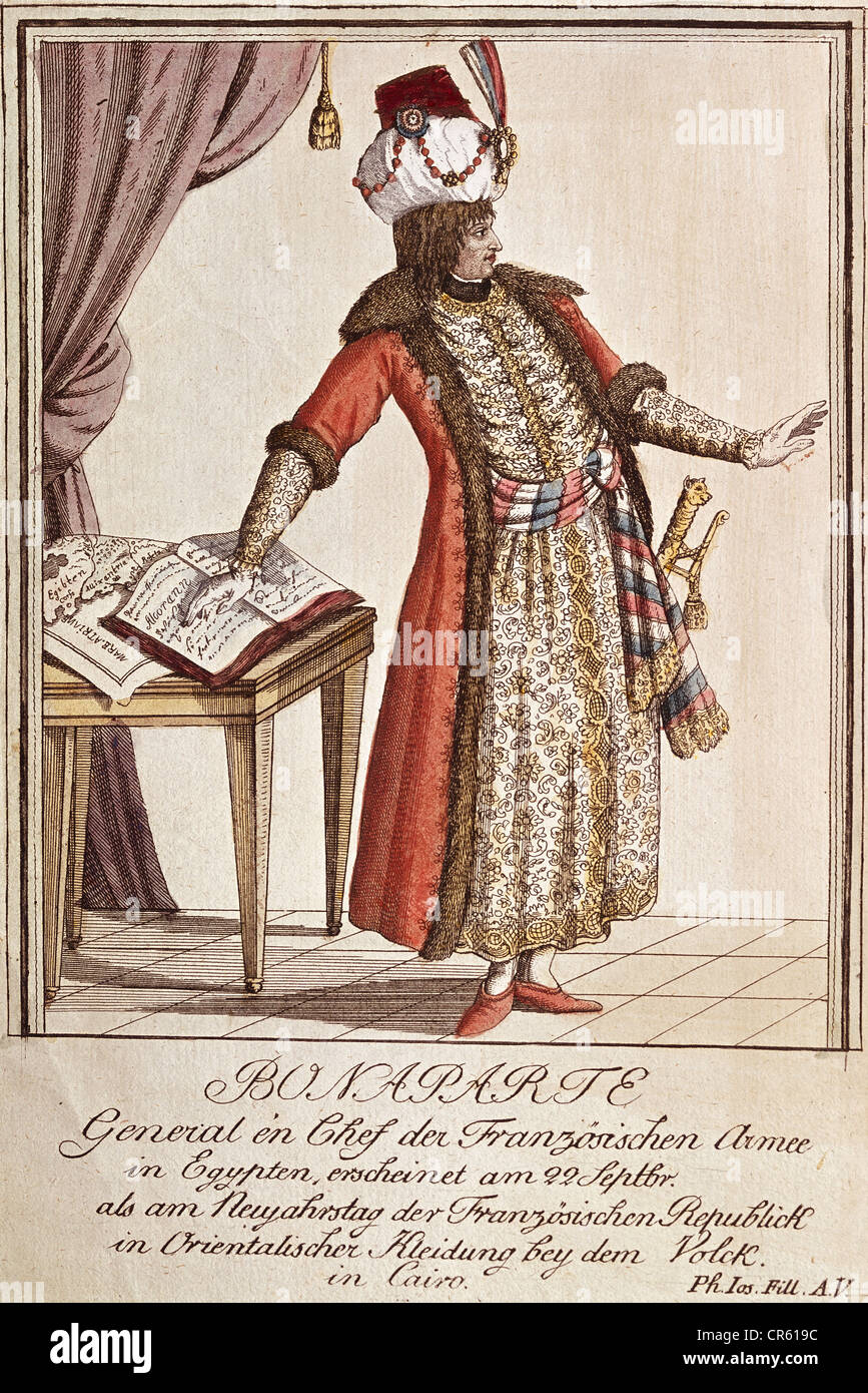 Napoleon I., 15.8.1769 - 5.5. 1821, Emperor of the French 2.12.1804 - 22.6.1815, full length in Oriental cloth, New Year of the French Republik, Cairo, 1 Vendemaire VI (22.9.1798), copper engraving, 1798, , Artist's Copyright has not to be cleared Stock Photo