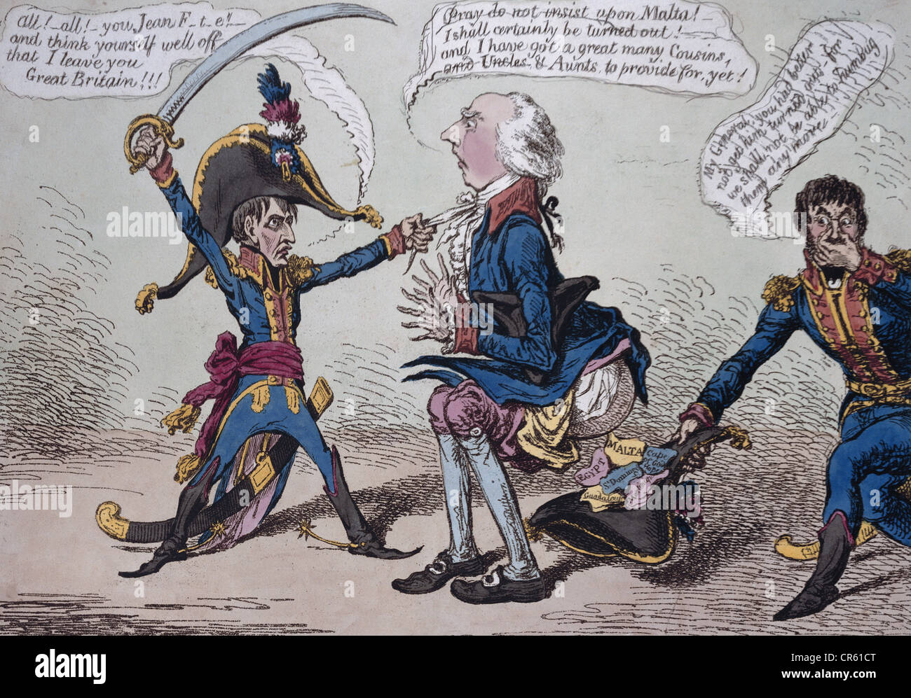 Napoleon I., 15.8.1769 - 5.5. 1821, French Emperor 2.12.1804 - 22.6.1815, 'Evacuation of Malta', political caricature by James Gillray, 25,2 cm x 35,3 cm, coloured aquatinta, London, 1803, Stock Photo