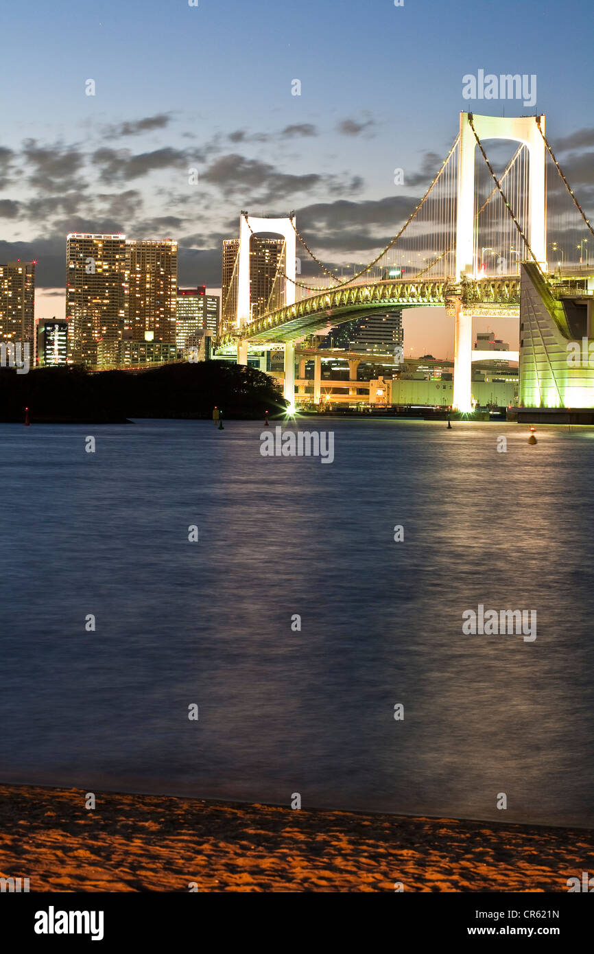 Japan, Honshu Island, Tokyo, Tokyo Bay, Rainbow Bridge view from the