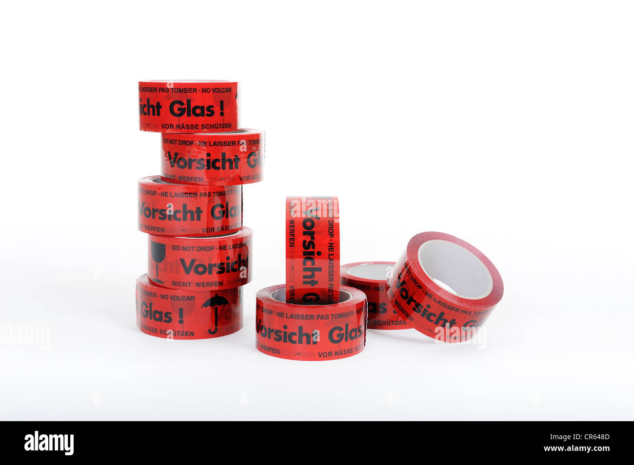 Adhesive tape with label 'Vorsicht Glas', German for 'Caution Glass' Stock Photo
