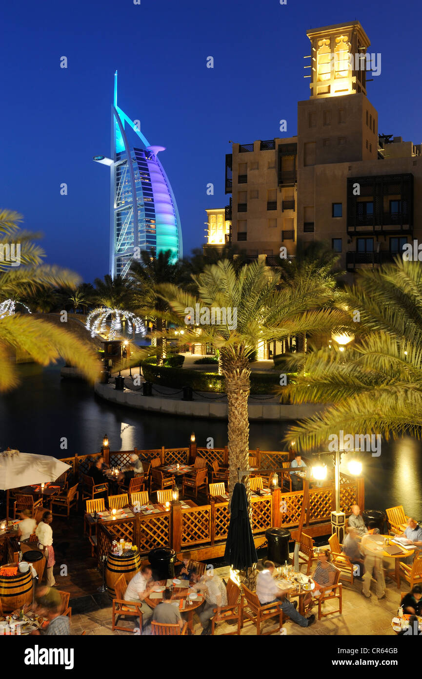 Burj al Arab, 7-star hotel, seen from the Souk Madinat, Jumeirah, Dubai, United Arab Emirates, Middle East Stock Photo