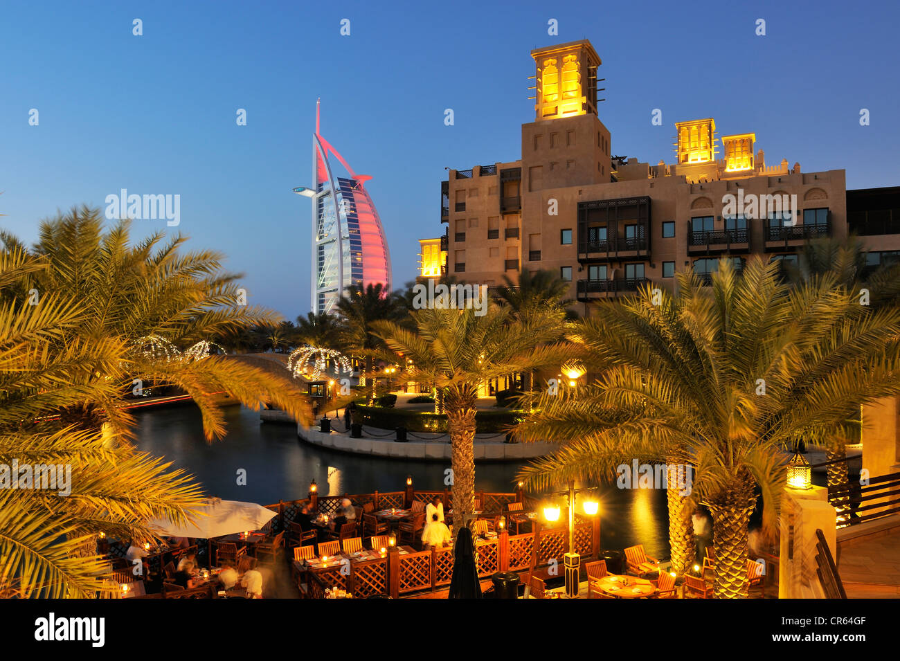Burj al Arab, 7-star hotel, seen from the Souk Madinat, Jumeirah, Dubai, United Arab Emirates, Middle East Stock Photo
