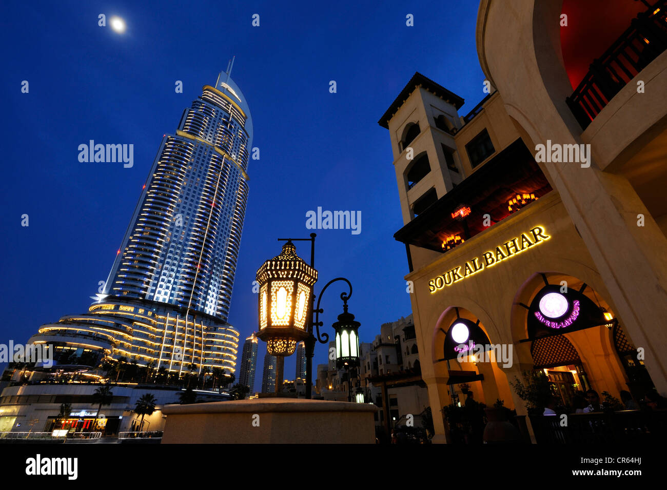 Evening mood, THE ADDRESS luxury hotel, 63 floors, and Souk Al Bahar, Downtown , Business Bay, , United Arab Emirates Stock Photo