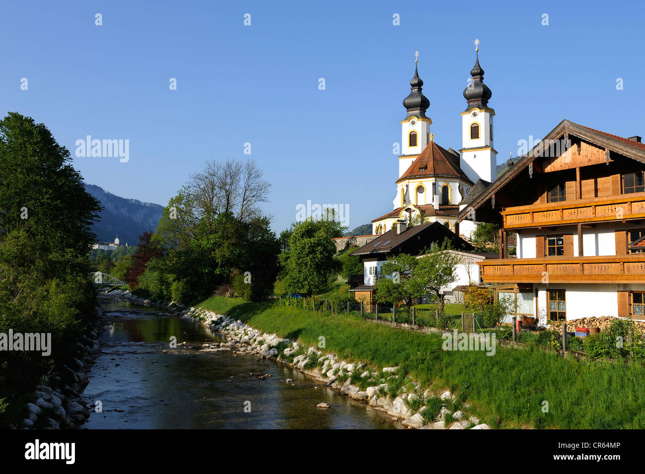 Darstellung des Herrn parish church and Prien River, Aschau im Chiemgau, Upper Bavaria, Bavaria, Germany, Europe Stock Photo