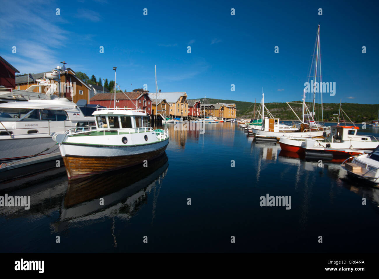 Small boats in the harbour in Råkvåg, Rissa, Sør-Trøndelag, Norway Stock Photo