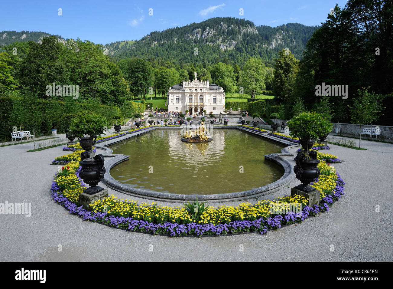 Schloss Linderhof Castle of King Ludwig II of Bavaria, Graswangtal valley, Ammergau Alps, Oberammergau, Upper Bavaria, Bavaria Stock Photo