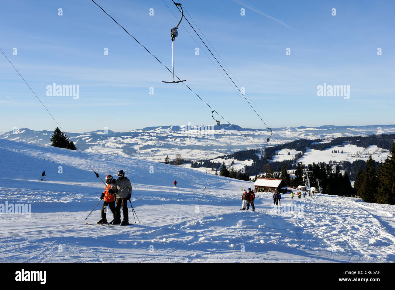 T-bar lift in Gruenten ski resort, Upper Allgaeu, Swabia, Bavaria, Germany, Europe Stock Photo