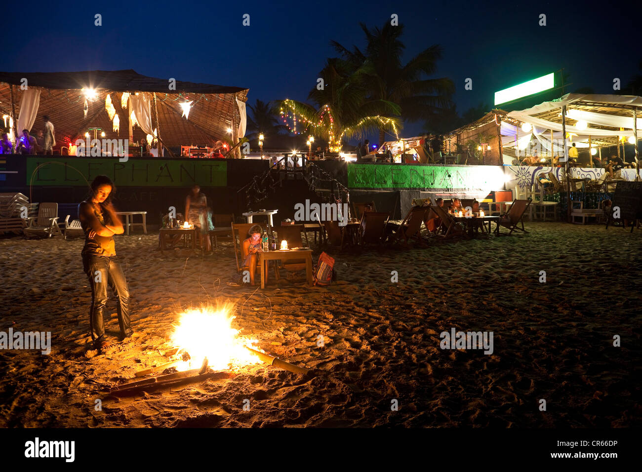 India, Goa State, Anjuna, restaurant in the evening on the beach Stock Photo