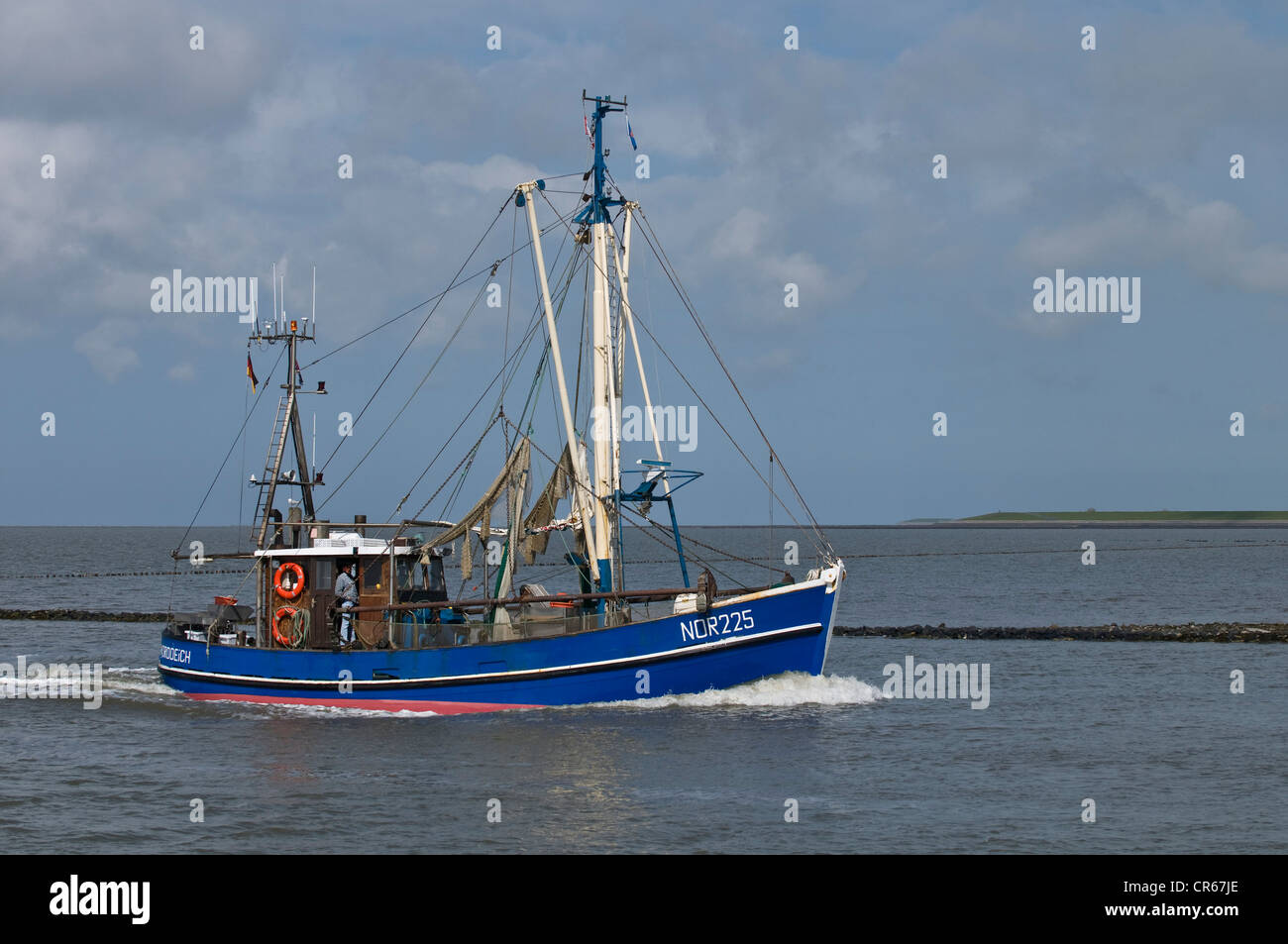 Blue crab fishing boat, NOR 225, returning to the port of Norddeich after fishing, Lower Saxon Wadden Sea Stock Photo