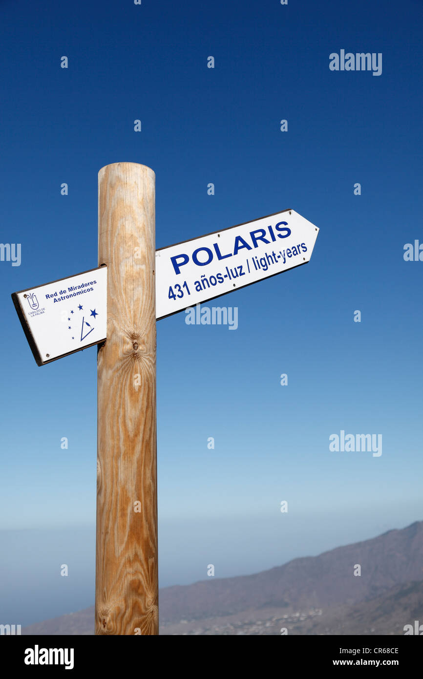 Spain, La Palma,Text on wooden sign post Stock Photo