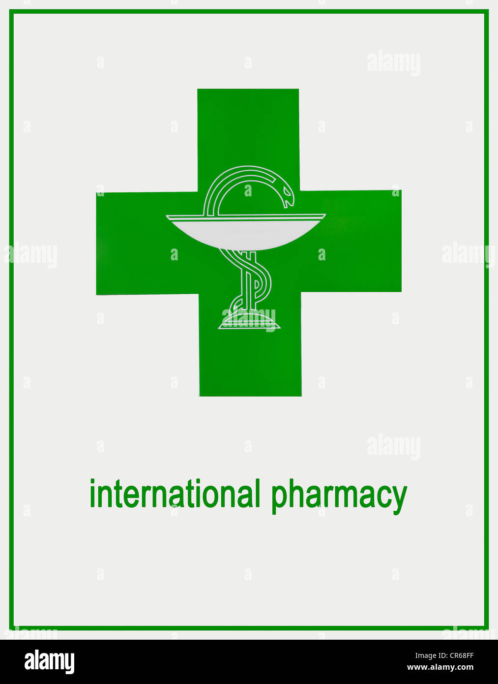 International pharmacy sign, green logo with Aesculapian snake Stock Photo