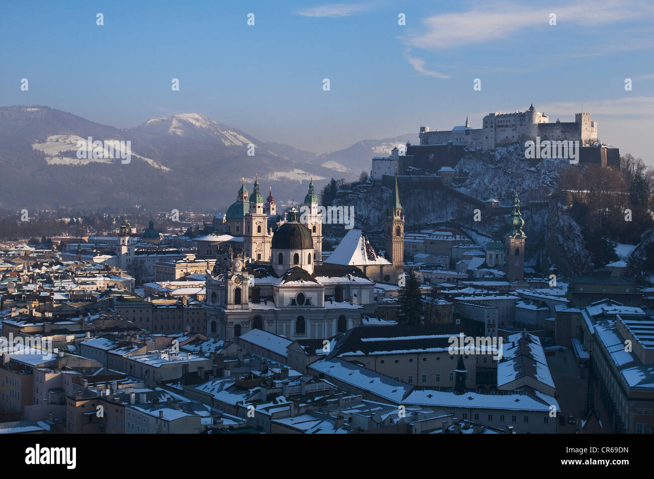 Impressive view of the wintry town of Salzburg, UNESCO World Heritage Site, university, cathedral and castle, Austria, Europe Stock Photo